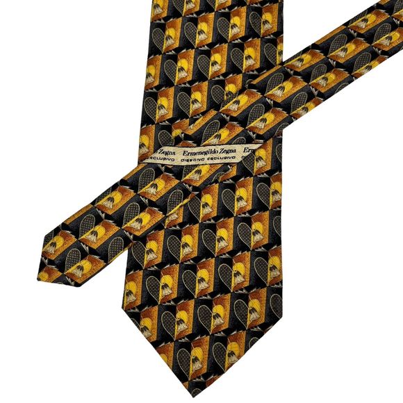 ERMENEGILDO ZEGNA Silk Tie Blue Gold Geometric Heart Pattern Designer Necktie - Picture 4 of 9